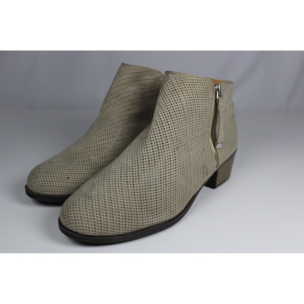 Perforated Ankle Boots Taupe Beige Side Zip Stacked Block Heel Booties Size 8.5